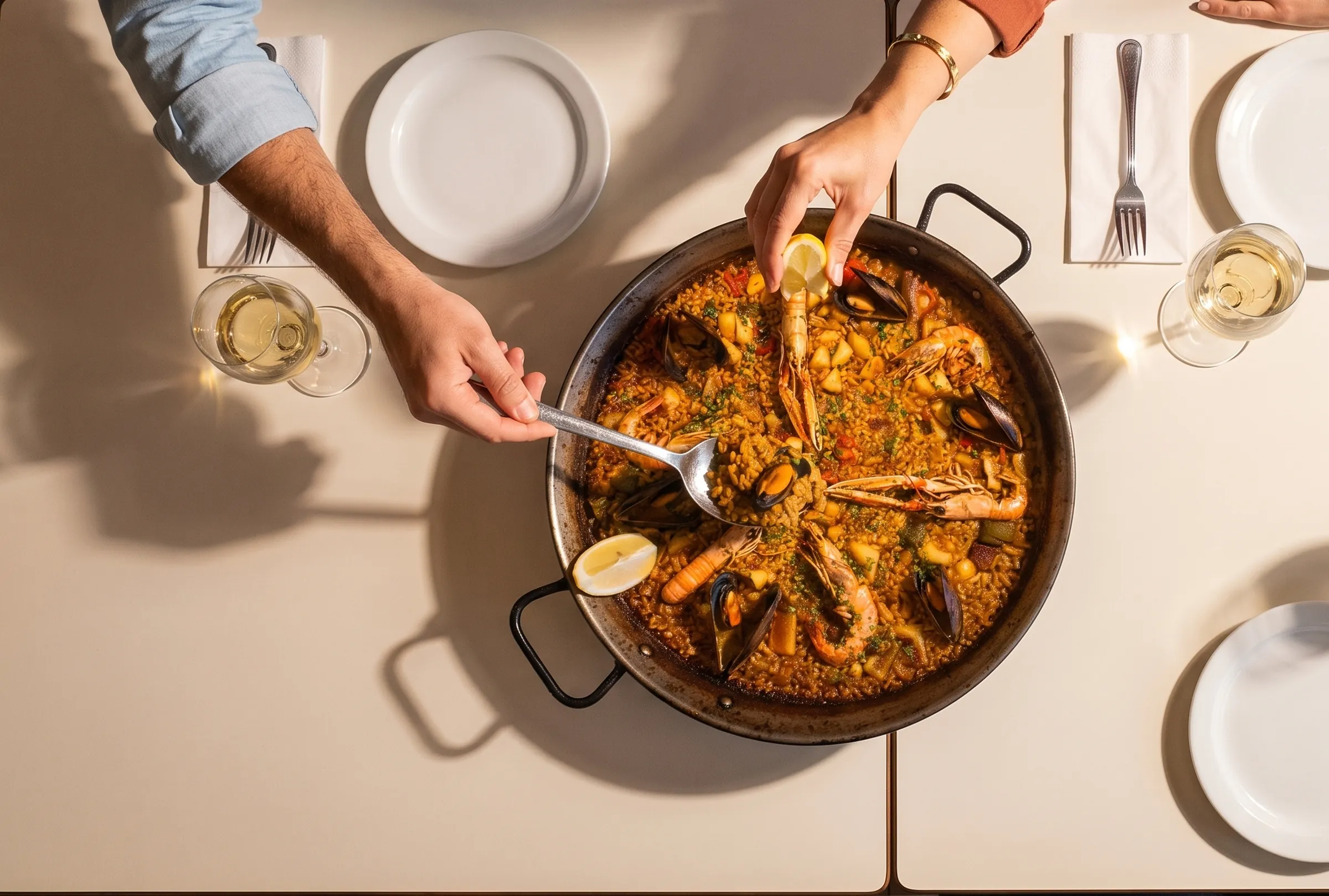 Una paella de marisco en la mesa, en la paellera en la que se ha cocinado.