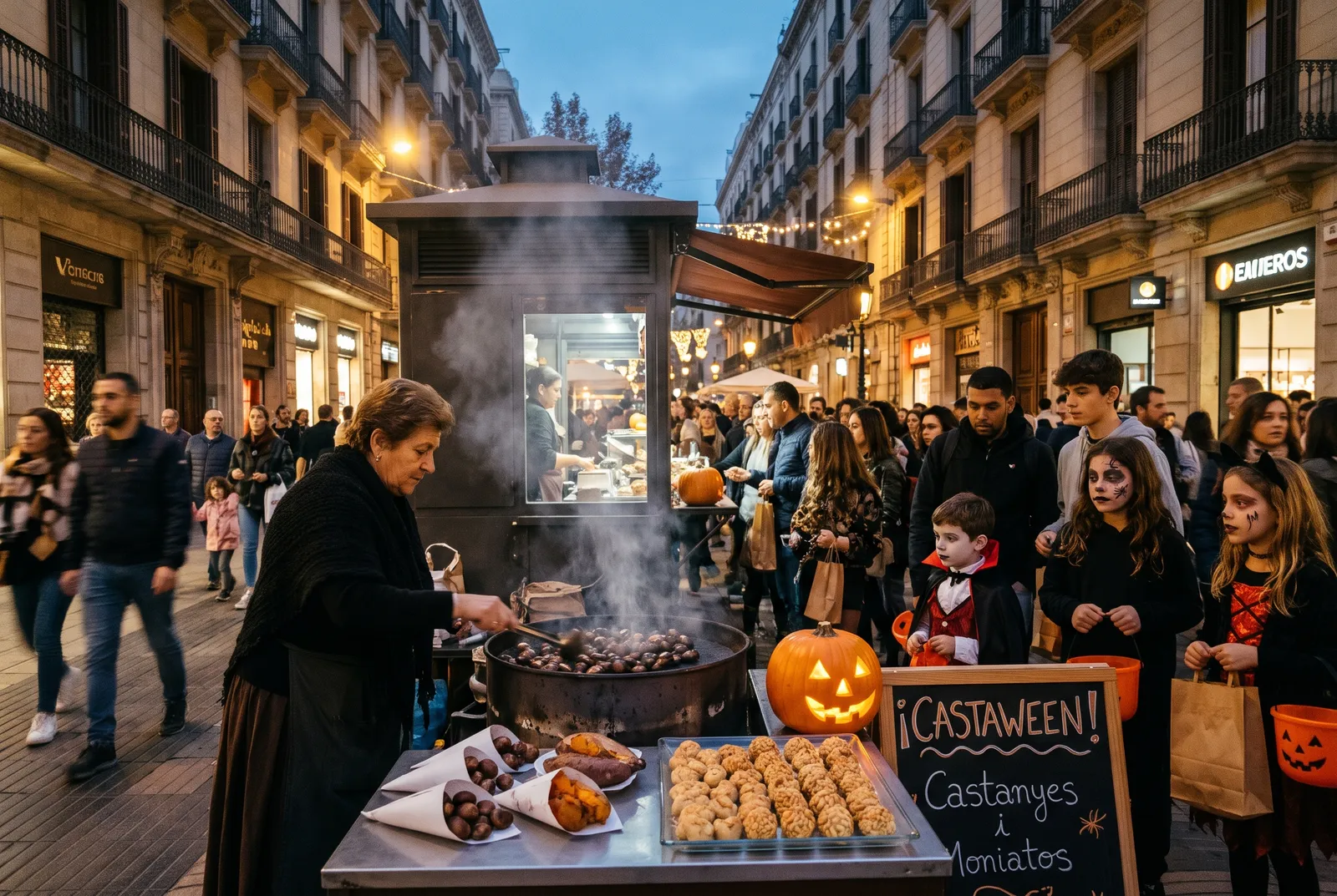 An illustration of Castaween: a castanyera roasting chestnuts at a street stall, with panellets and a jack o'lantern, and children in Halloween costumes waiting.