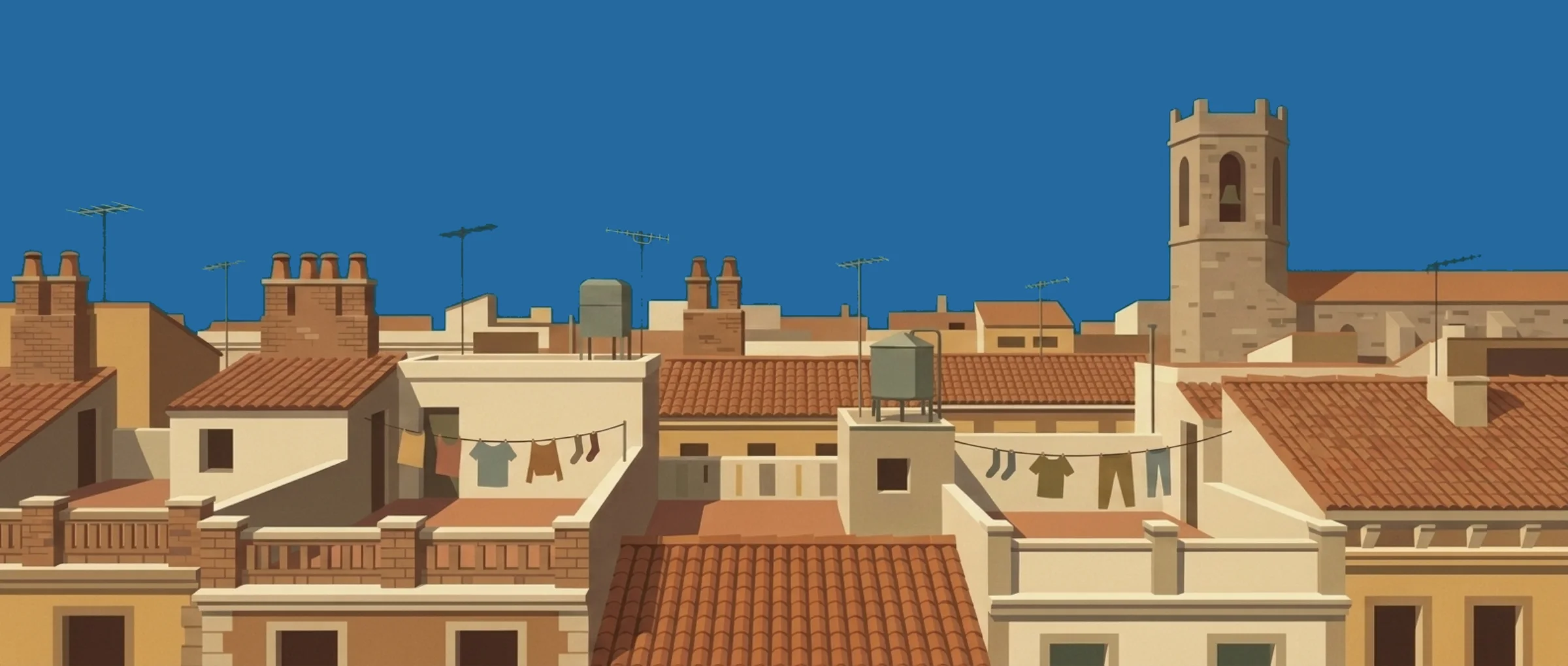 Dessin des toits du quartier gothique : tuiles, terrasses avec du linge étendu, cheminées, antennes et le clocher en pierre d’une église.
