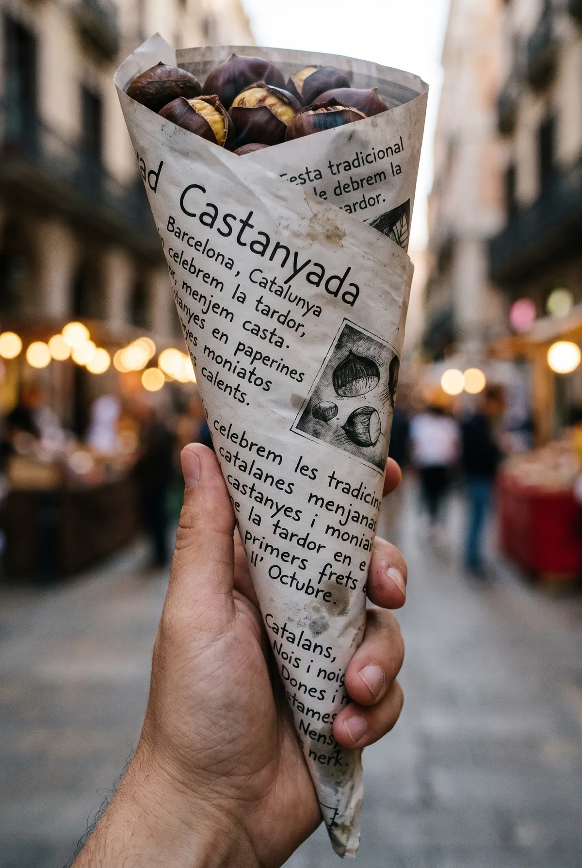 An illustration of a paper cone of roasted chestnuts held up in an old city street at dusk.