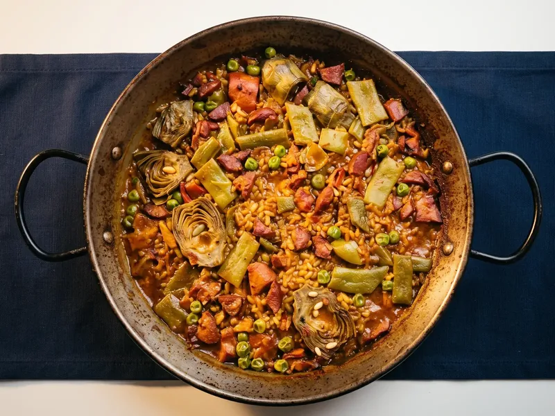 Paella de pollastre a la paella, amb carxofes, mongeta tendra, pèsols i pinyons sobre l’arròs.
