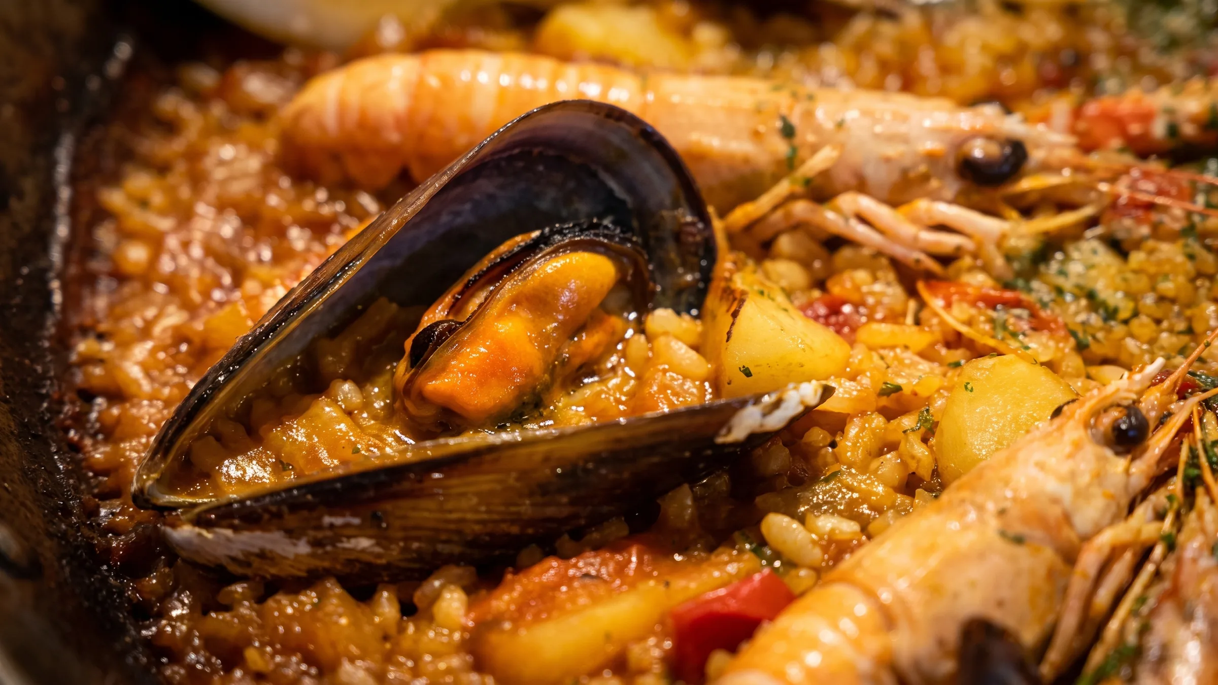 Primer plano de un arroz de marisco, de color irregular, con un mejillón abierto y una cigala.