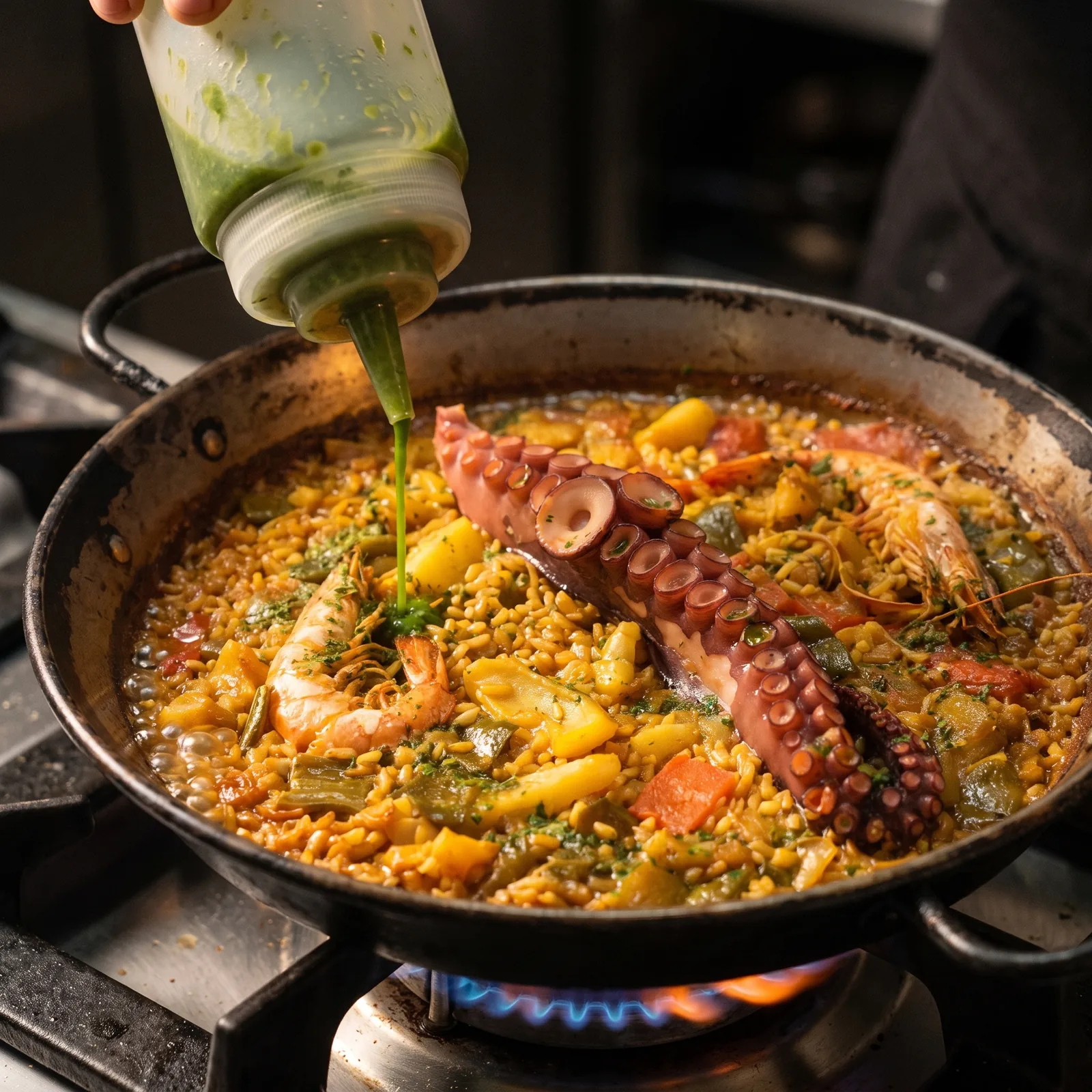 A rice being finished on the burner in the kitchen, green picada squeezed over octopus, prawn and vegetables.