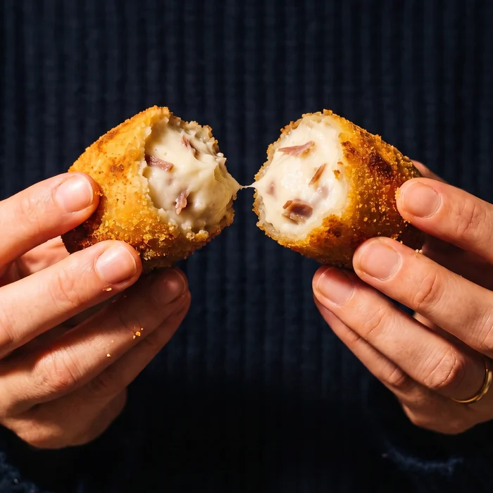 A ham croquette broken open in two hands, the béchamel showing inside.