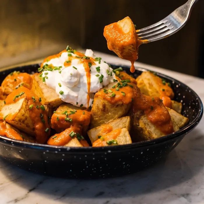 A spoon dropping aioli onto a small dish of patatas bravas on the marble bar.