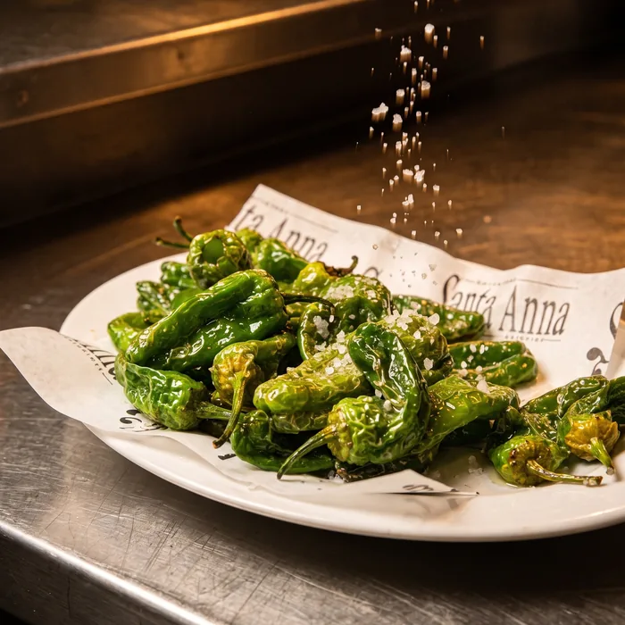 Coarse salt falling over freshly fried Padrón peppers, on the house’s printed paper.