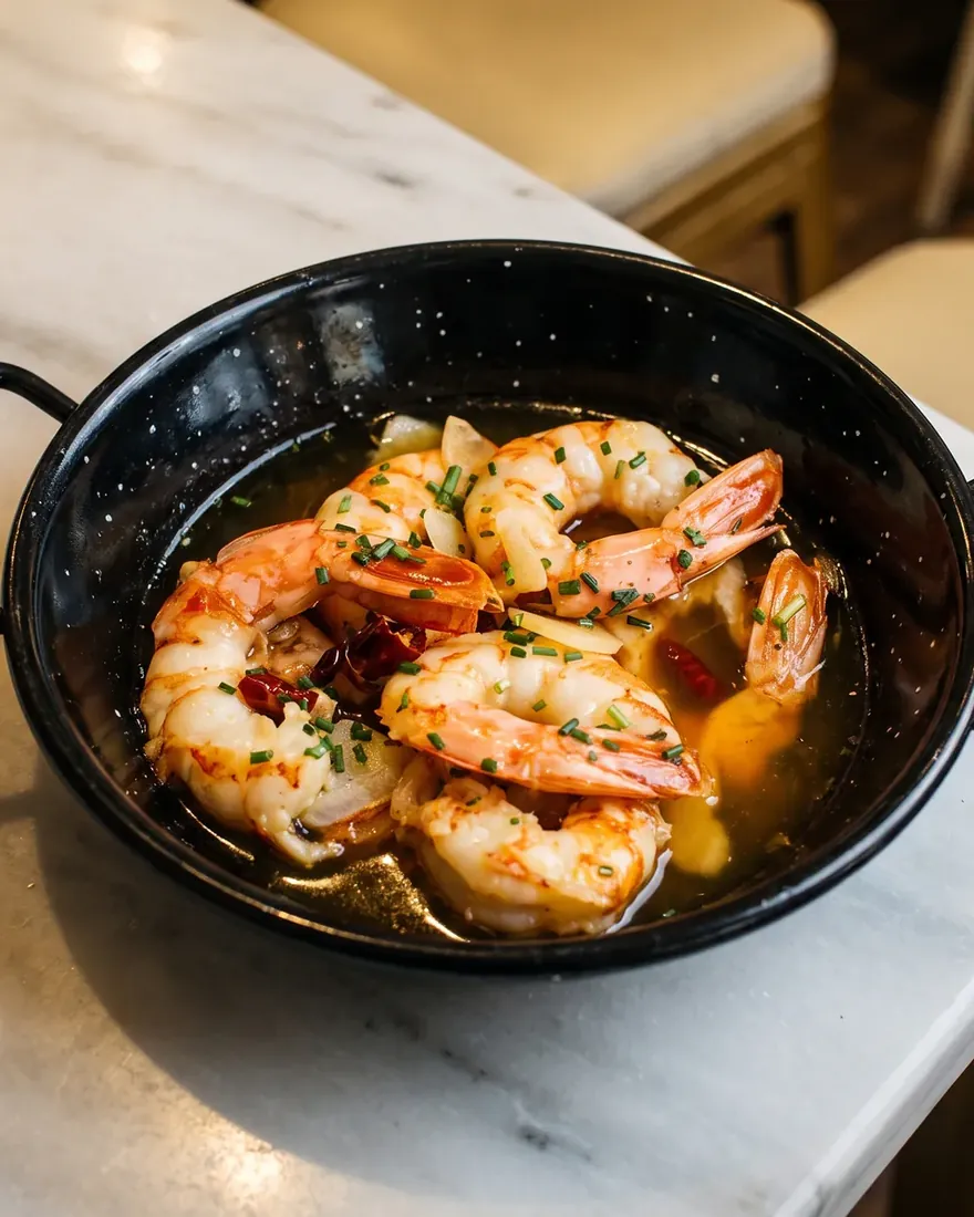 Gambas al ajillo en su cazuela negra, con láminas de ajo, guindilla y cebollino, sobre el mármol.